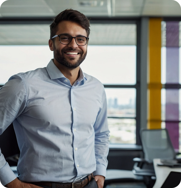 Homem sorridente no escritório